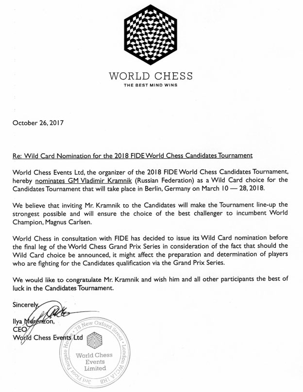 World Chess nomination letter candidates 2018 to Kramnik