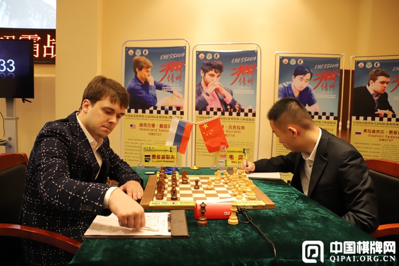 Vladimir Fedoseev playing against Wei Yi at the Danzhou Masters