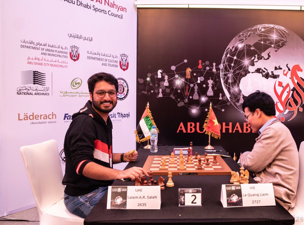 Salem Saleh and Le Quang Liem after their seventh round game at the Abu Dhabi Masters 2018
