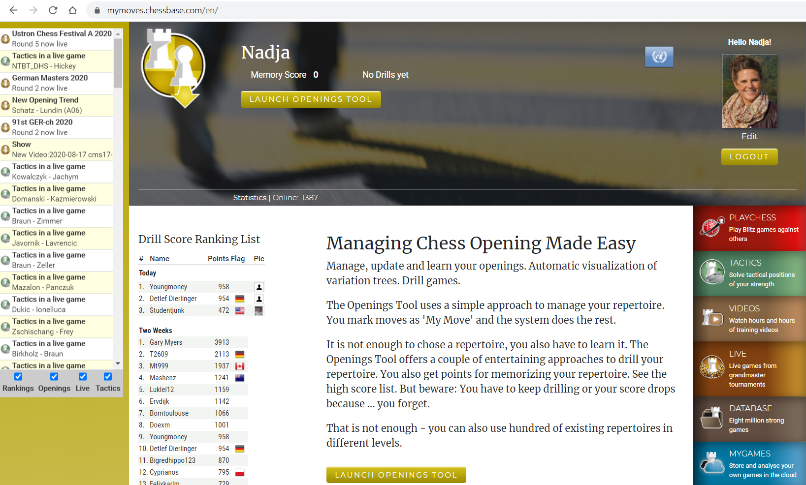 Opening training in the ChessBase Account web app
