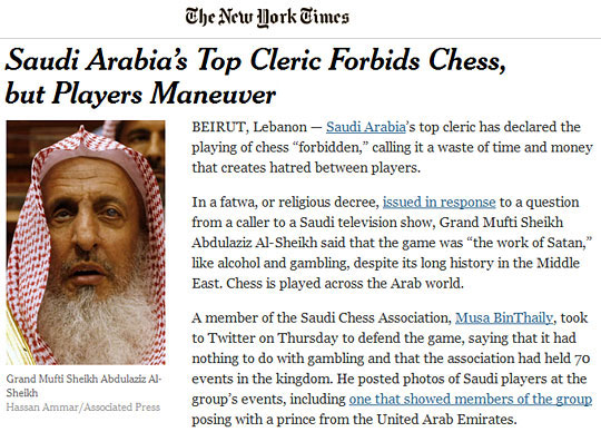 Saudi Arabia's highest Islamic cleric 'bans' chess and claims game spreads  'enmity and hatred