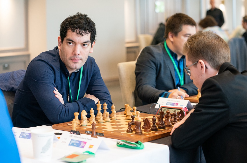 FIDE - International Chess Federation - Doubles chess. Nihal Sarin, Parham  Maghsoodloo FIDE Chess.com Grand Swiss: Opening Ceremony, 9 October 2019  Photo by John Saunders.