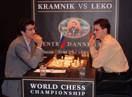 dpa) - Russian World Chess Champion Vladimir Kramnik (L) plays against  Hungarian Grandmaster Peter Leko (R) during the 2004 Dortmund Chess Meeting  in Dortmund, Germany, 23 April 2004. The event takes place