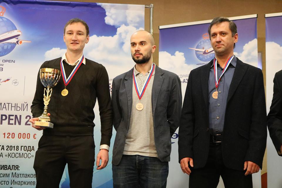 Top three finishers of Group B of the Aeroflot Open 2018: Mikhail Mozharov, Alexander Moskalenko, Dorian Rogozenco