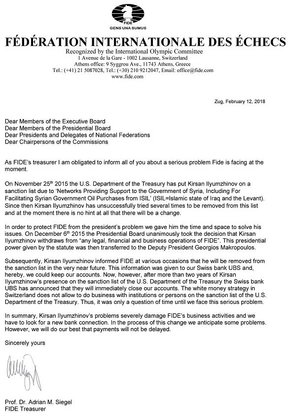 Letter from FIDE Treasurer Siegel