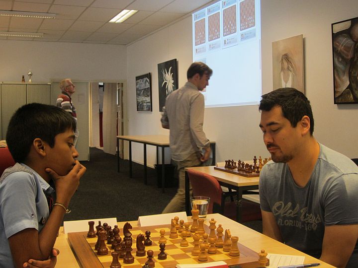 Praggnanandhaa playing against Alexandr Fier in the final round of Schaakweek Apeldoorn
