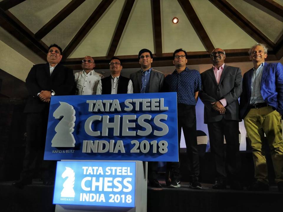 Dignitaries during the press conference of Tata Steel Chess India 2018