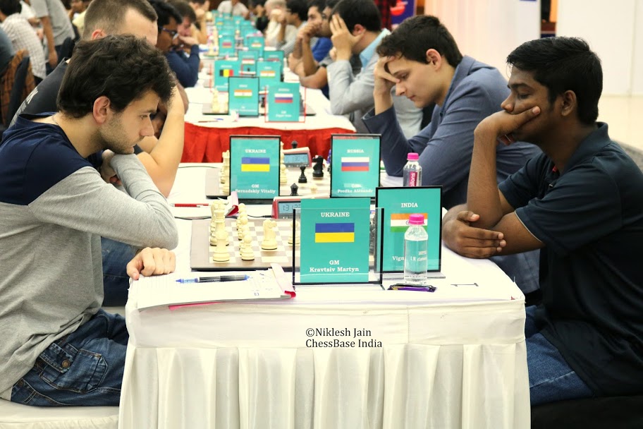 Martyn Kravtsiv and Vignesh NR during their final round game at the Gujarat Grandmaster Open 2018