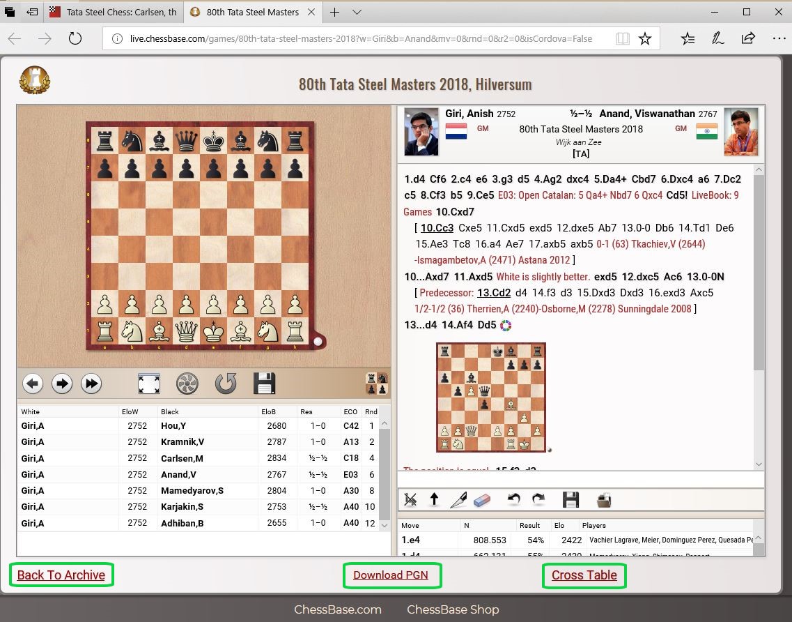Click or tap a game to automatically open it from live.chessbase.com