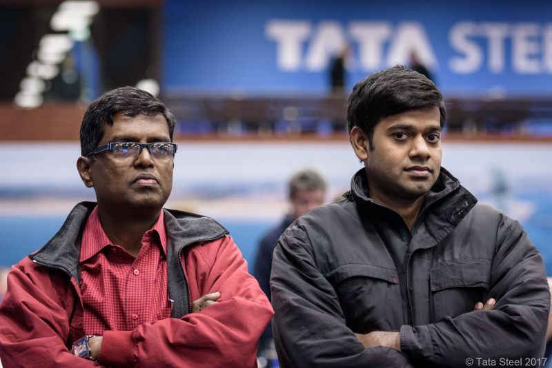 Baskaran with Adhiban's second Vishnu Prasanna at the Tata Steel Chess 2017