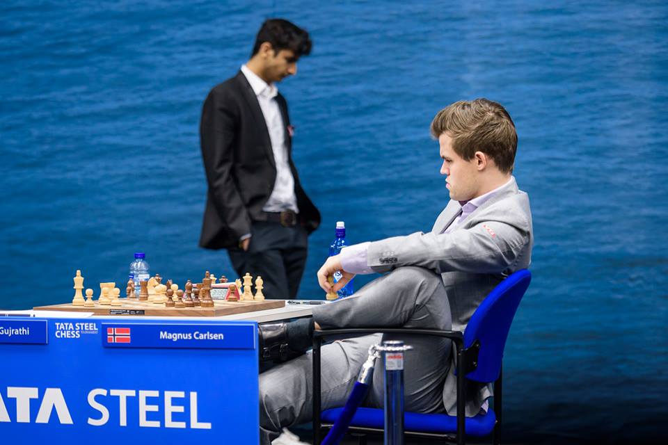 Vidit during his third round game against Magnus Carlsen