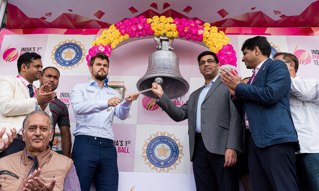 Carlsen and Anand at cricket match