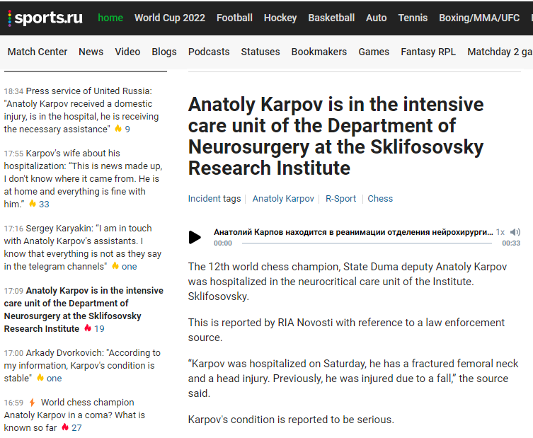 Chess Grandmaster Karpov Hospitalized After Mysterious Fall