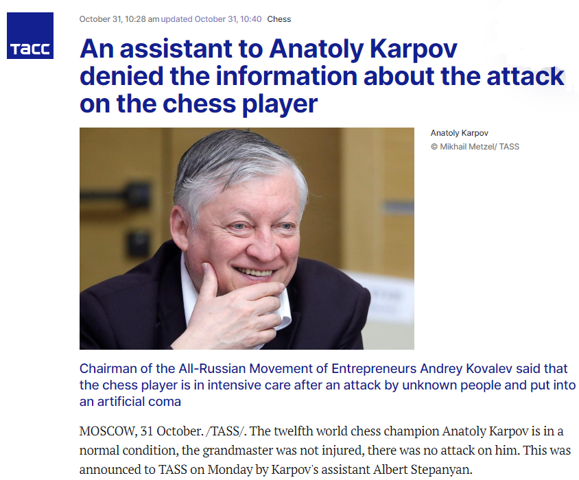 Former world chess champion Anatoly Karpov easily chokes his opponent