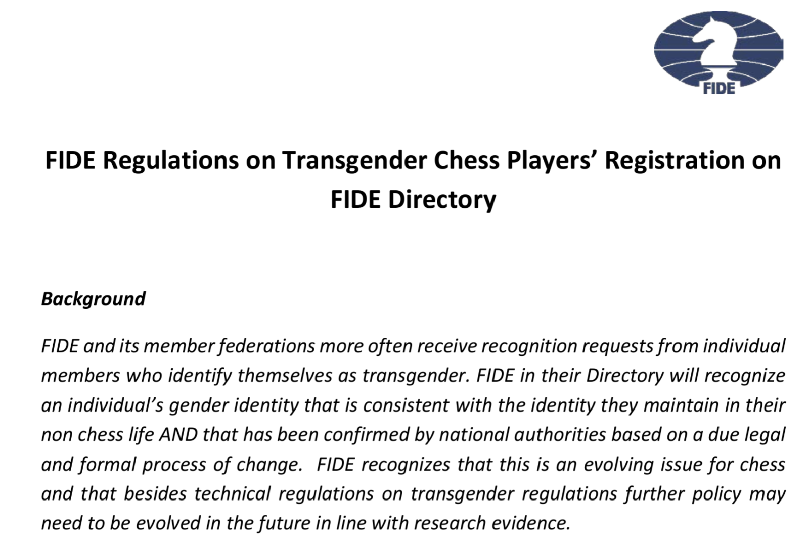 FIDE bans transgender women from competing in women's chess events pending  'further analysis